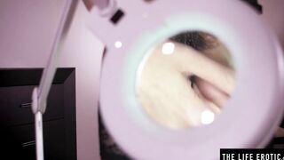Huge-tits Beauty studies her bushy snatch with a magnifying glass