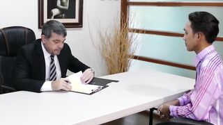 Young Asian cocksucker penetrated raw in Daddys office