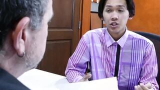 Young Asian cocksucker penetrated raw in Daddys office