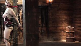 Natural busty damsel tormented in rope bondage