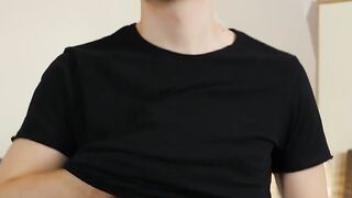 Twink jerks off and pats his dick for us while flashing a hard cock