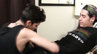 Cock blowing action ends with jock with tats getting facial
