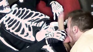 Naughty ftm Luke sucks Zack Grays huge cock in skeleton suit