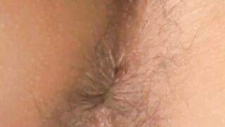 Horny Japanese twink bushy ass close up stroking dick solo