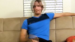 Handsome young Krys Perez jerks off after the interview