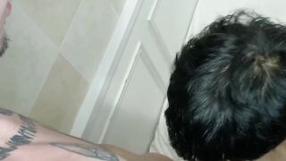 Inked Japanese twink splashing cum after troublemaker penetrating