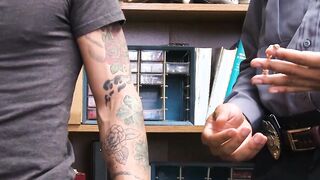 Young tattooed shoplifter barebacked hard by an Ebony guard Hoe 2
