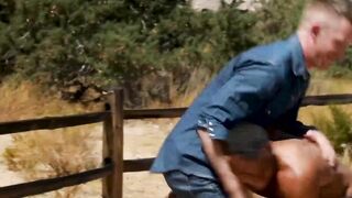 Ebony stud raw penetrates his lover as he rides him outside
