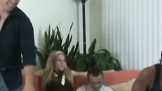 Beautiful blonde woman gets fucked hard in wild foursome