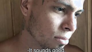 Inked jock rides dick for first time shoots cum on himself