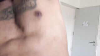Inked jock rides dick for first time shoots cum on himself