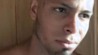 Inked jock rides dick for first time shoots cum on himself