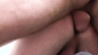 Throbbing cock hunk fucked bareback in spitroast threesome