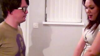 English brunette babe Bella Star deepthroats nerd big dick