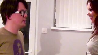 English brunette babe Bella Star deepthroats nerd big dick