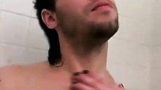 Gay hipster washes and jerks off his big uncut dick solo