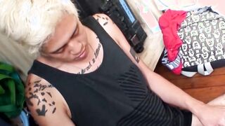 Light Japanese twink plays with opening and strokes his dick