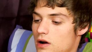 Cute guy jerks his cock and cums after an solo interview