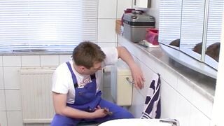 German normal bimbos fucks anal with the caretaker inside the toilet