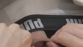 Solo twink jerks off his whole dick and prods his prepuce