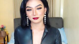 Asian trans strips and jerks off on solo webcam show