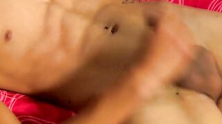 Young ebony twink plays with his dick after the interview