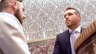 Two sophisticated office men wearing suits and ties in a hardcore anal