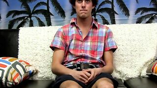 Skinny dude takes his undies off and wanks after interview