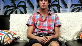 Skinny dude takes his undies off and wanks after interview