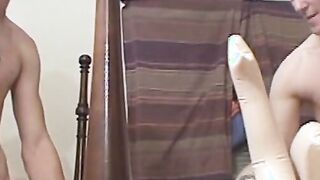 Two amateur dudes fucking sex doll before wanking off