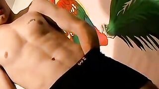 Skinny young twink jerks off his cock and cums in undies