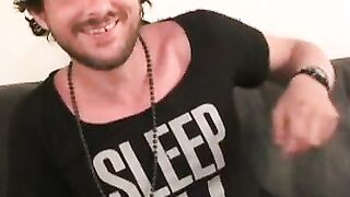 Inked thug rubbing hairy cock before solo cumshot