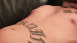 Inked thug rubbing hairy cock before solo cumshot
