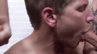 Adorable jock swallowing cum after interracial threesome