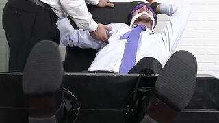 Blindfolded and restrained stud receives hard tickling