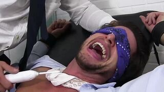 Blindfolded and restrained stud receives hard tickling