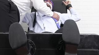 Blindfolded and restrained stud receives hard tickling