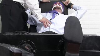 Blindfolded and restrained stud receives hard tickling