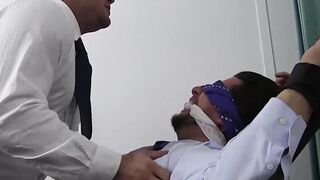 Blindfolded and restrained stud receives hard tickling