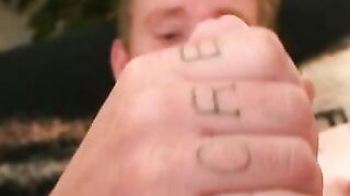 Rough mature thug wanks cock with inked hand and cums