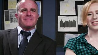 Blonde trans anal fucks bound boss in hairy ass