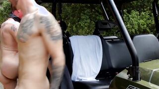 Hunky gay rides his friends cock raw after blowjob outdoor