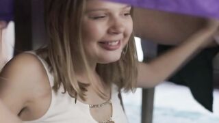 Sneaky teen Coco sucking ts cocks under the table