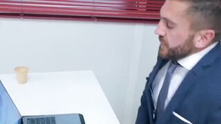 Suit and tie worker has his ass railed after sucking cock