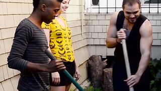 Two amateur guys with big dicks pounding neon haired chick