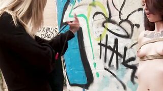 Ginger slave is milked and whipped in public