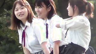 Pervy guy films three Japanese schoolgirls peeing outside