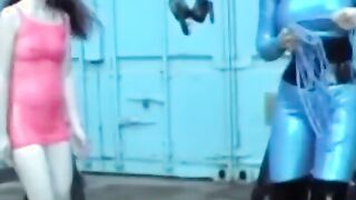 A redhead smoker tries out latex backstage