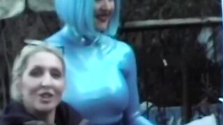 A redhead smoker tries out latex backstage