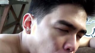 Bald bearded black guy has his BBC sucked off by Asian gay